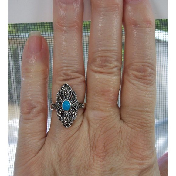 925 STERLING SILVER Simulated Turquoise Marcasite Ring - Picture 2 of 15